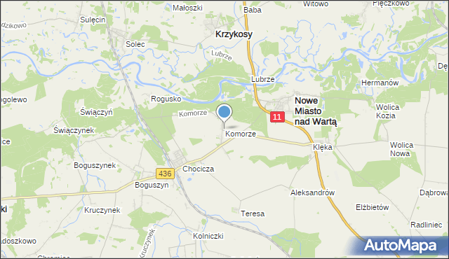 mapa Komorze, Komorze gmina Nowe Miasto nad Wartą na mapie Targeo